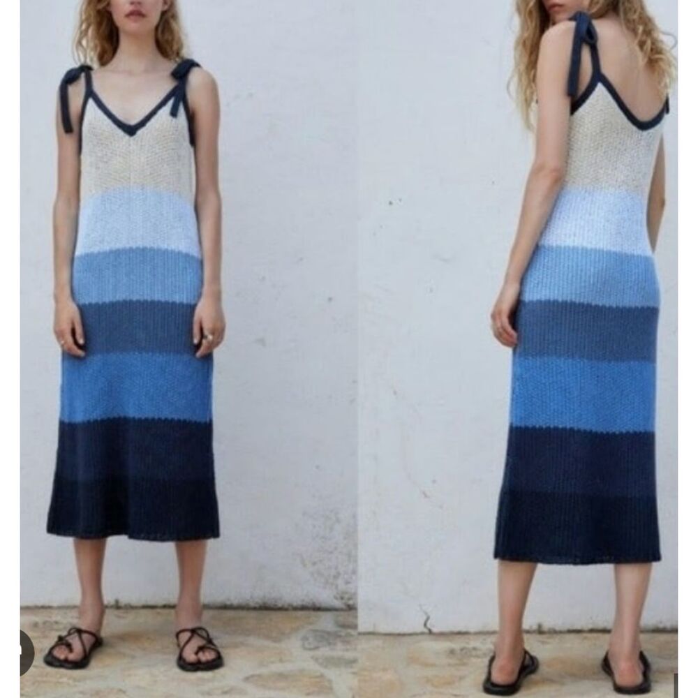 NWOT ZARA Striped Blue Ombre Crochet Chunky Knit Midi Dress Womens Small